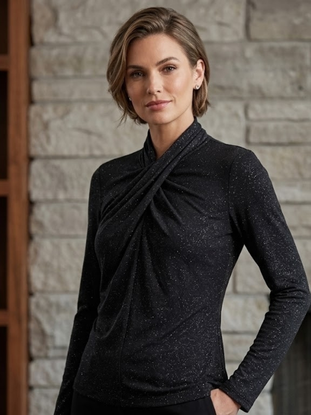Lauren Ralph Lauren Black Speckled Draped Long-Sleeve Top